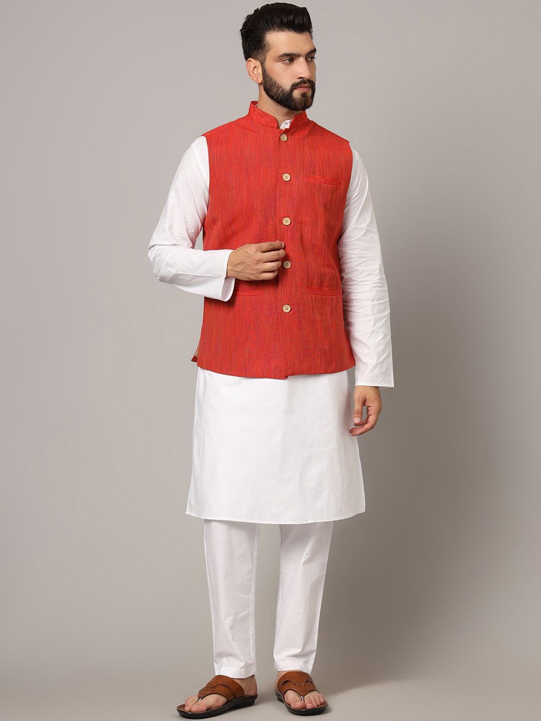 

Latest Chikan Garments Striped Woven Nehru Jacket, Red