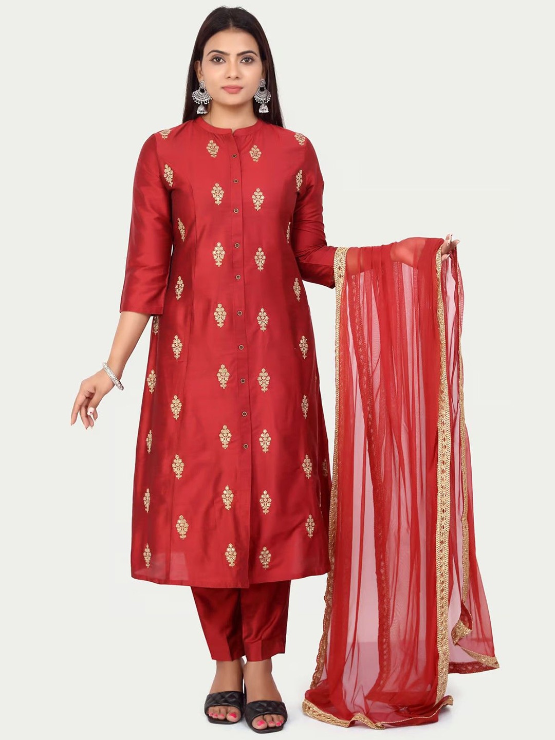 

COTTON CULTURE Women Ethnic Motifs Embroidered Regular Thread Work Kurta with Churidar & With Dupatta, Maroon