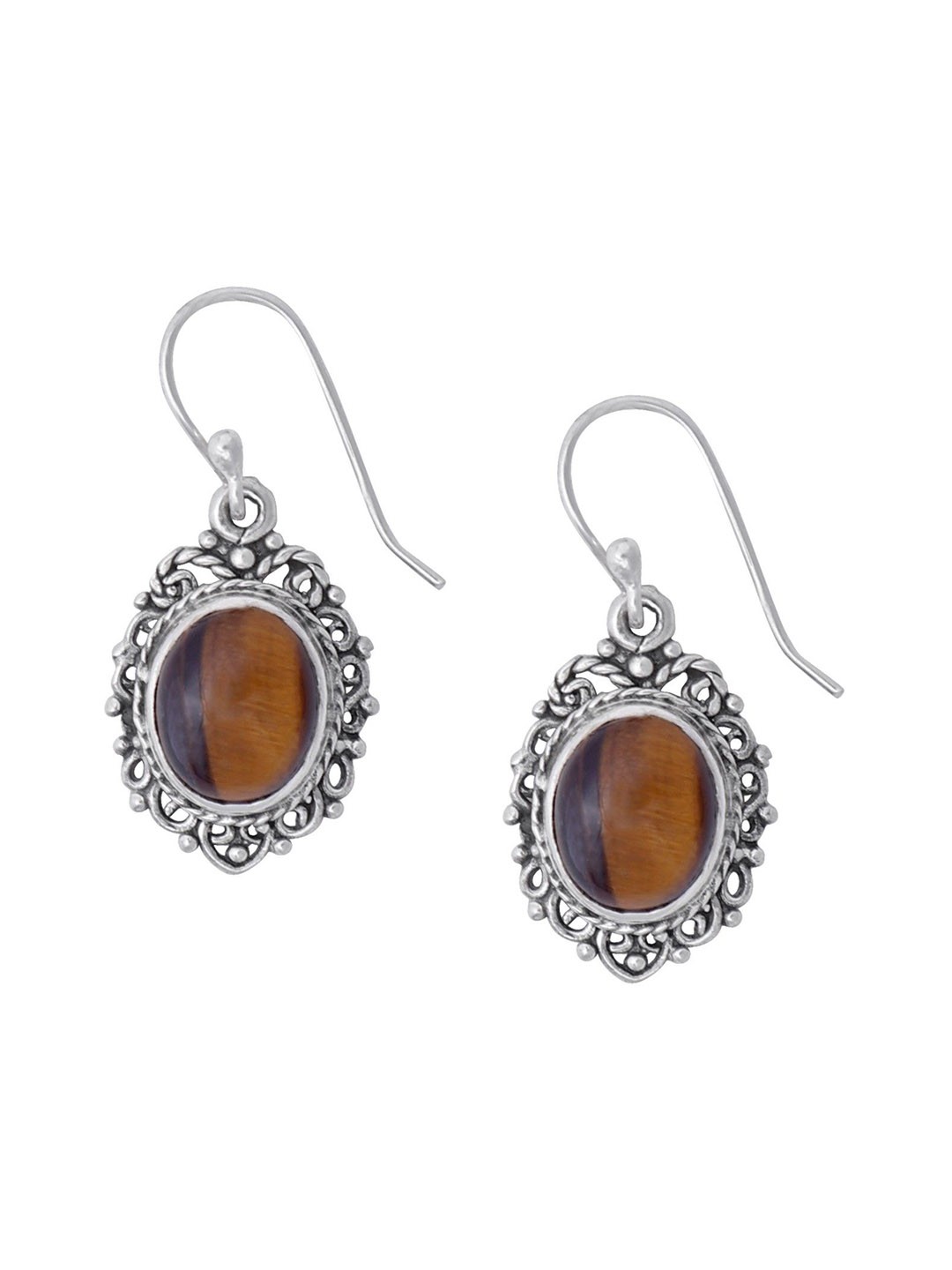 

Exotic India Tiger eye Gemstone Sterling Silver Designer Earrings, Brown