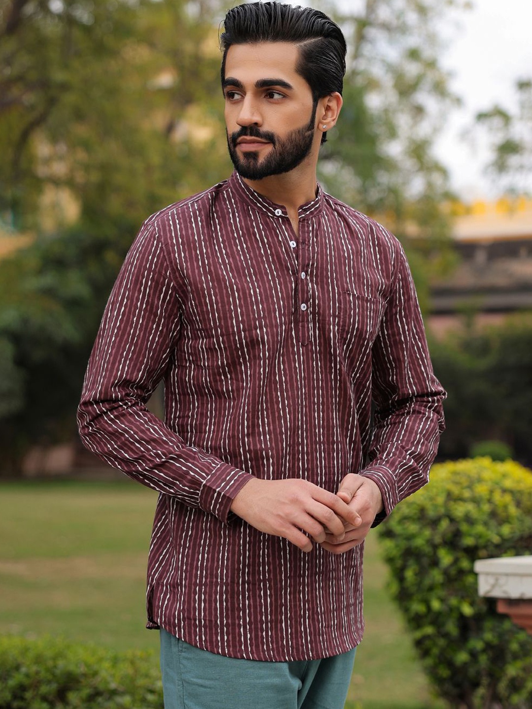 

SAY Men Dyed Thread Work Summer Sheers Kurta, Brown