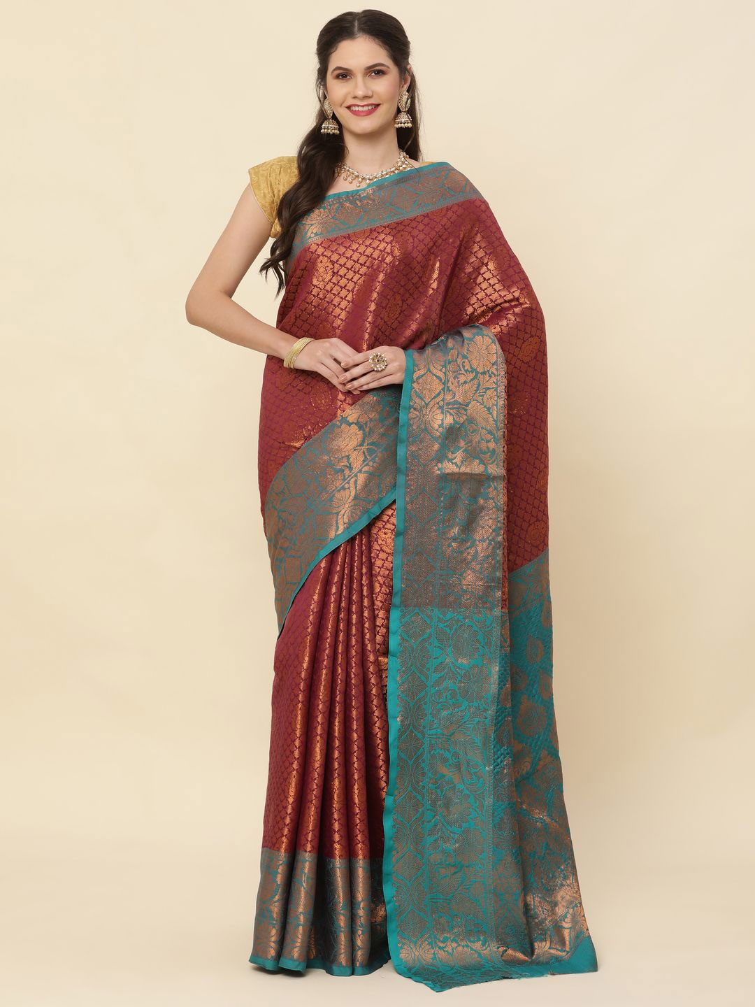 

High Five Tex Woven Design Zari Pure Silk Kanjeevaram Saree, Maroon