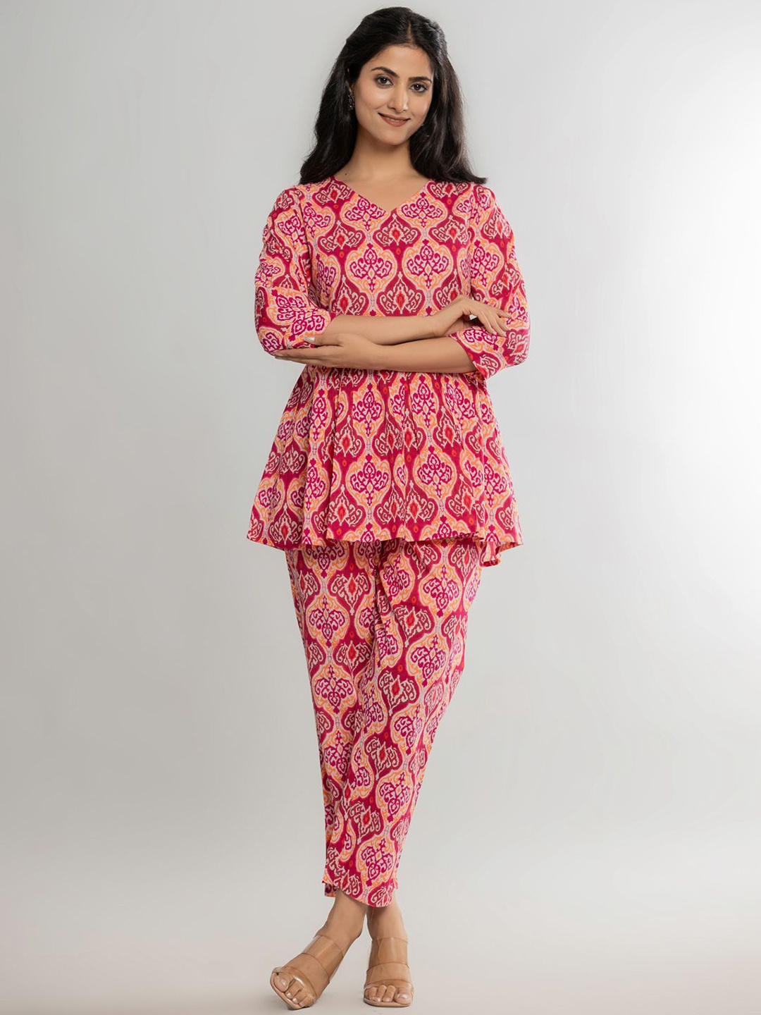 

Krati Creations Printed Pure Cotton Top With Trouser, Pink
