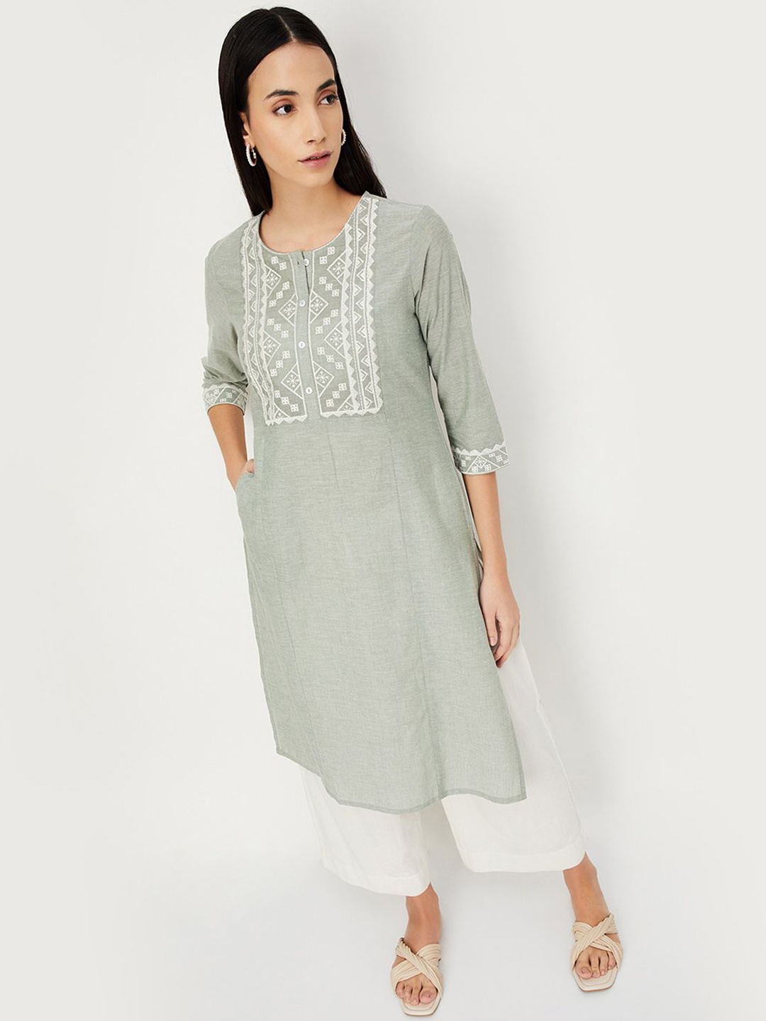 

max Women Thread Work Kurta, Green