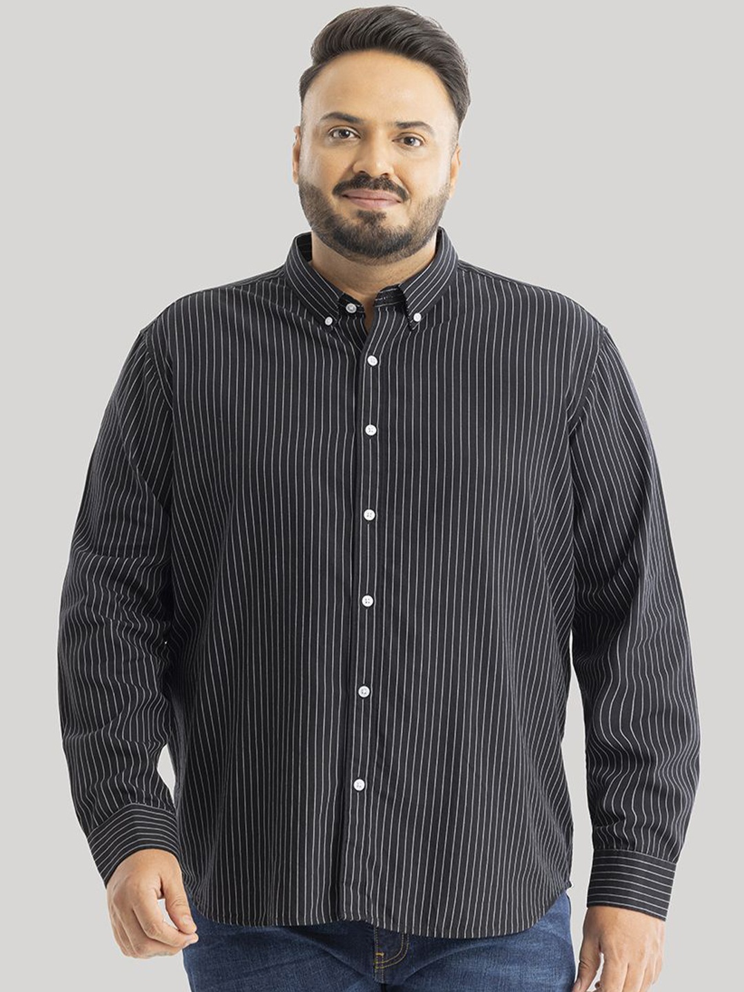 

Snitch Men Plus Size Striped Smart Slim Fit Opaque Formal Shirt, Black