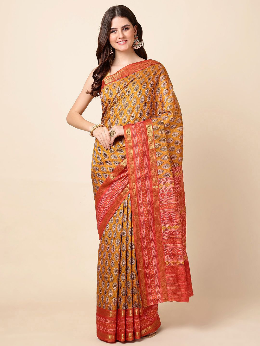 

Meena Bazaar Floral Zari Saree, Mustard