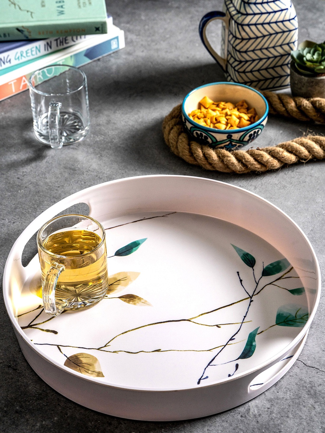 

GOODHOMES White & Yellow Printed Melamine Round Serving Tray
