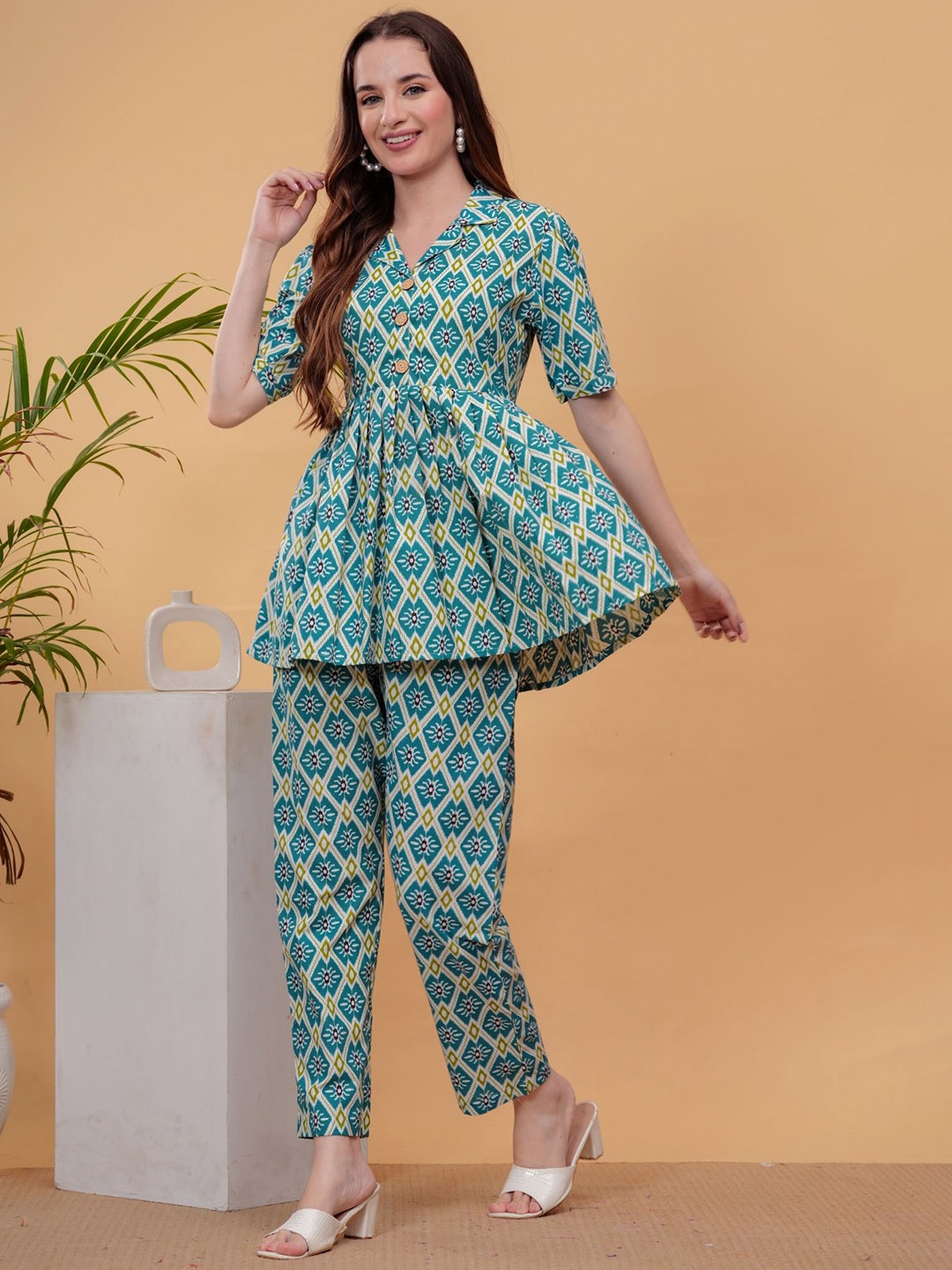 

NEW4U Printed Pure Cotton Tunic With Trouser Co-Ords, Blue