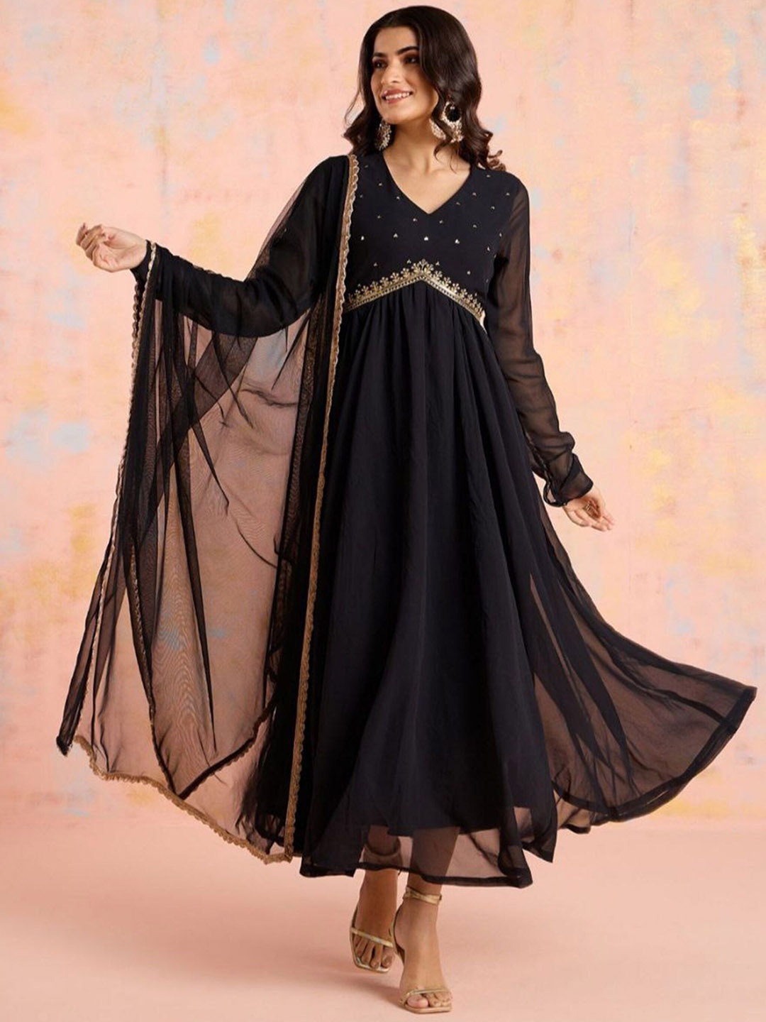 

Modestouze Attires Women Mirror Work Floral Georgette Anarkali Kurta, Black