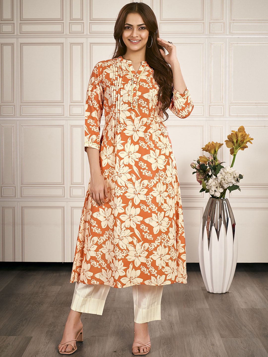 

IWUMAN Floral Printed Mandarin Collar A-Line Kurta, Orange