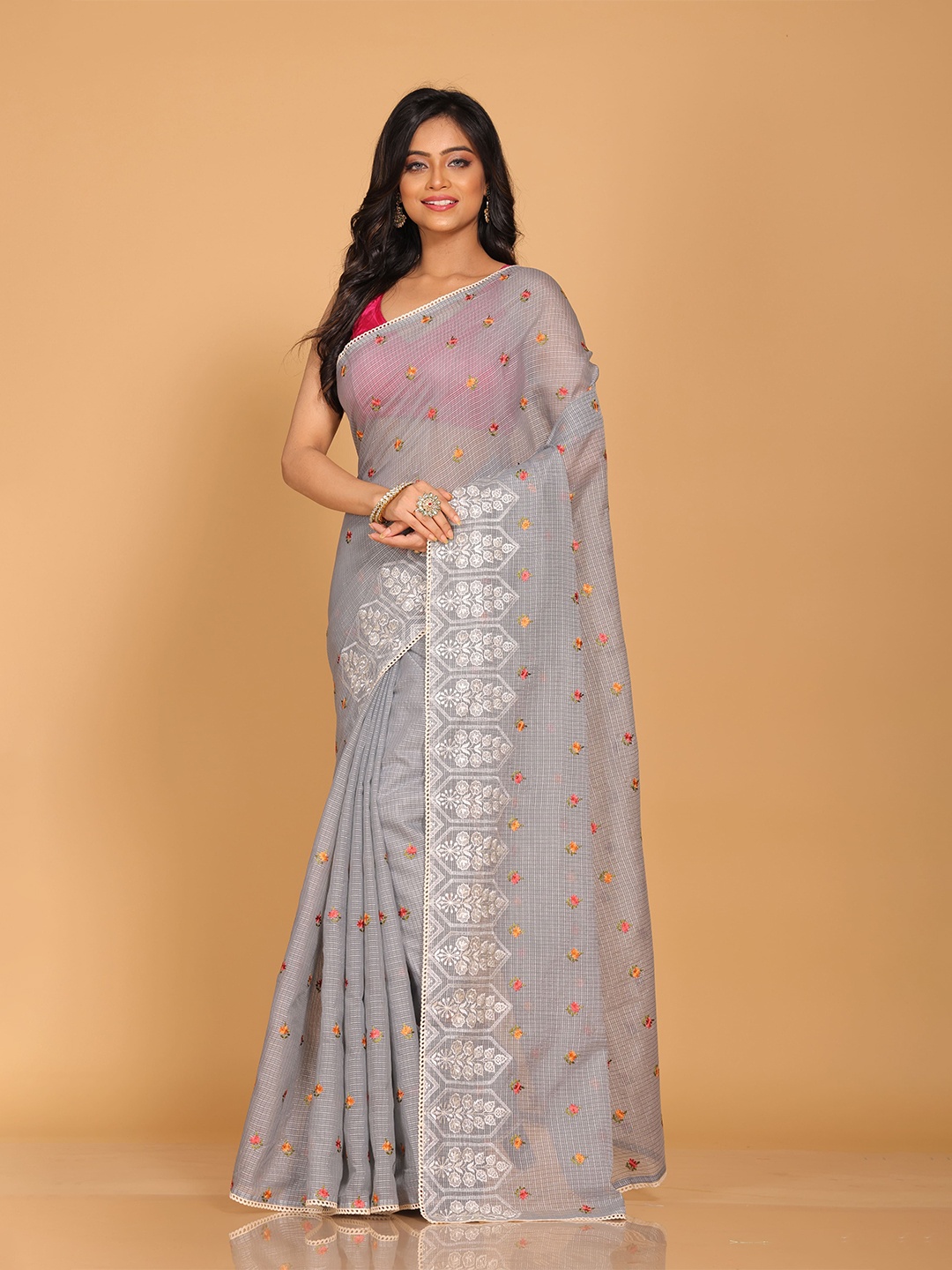 

Morchari Ethnic Motif Embroidered Pure Cotton Saree, Grey