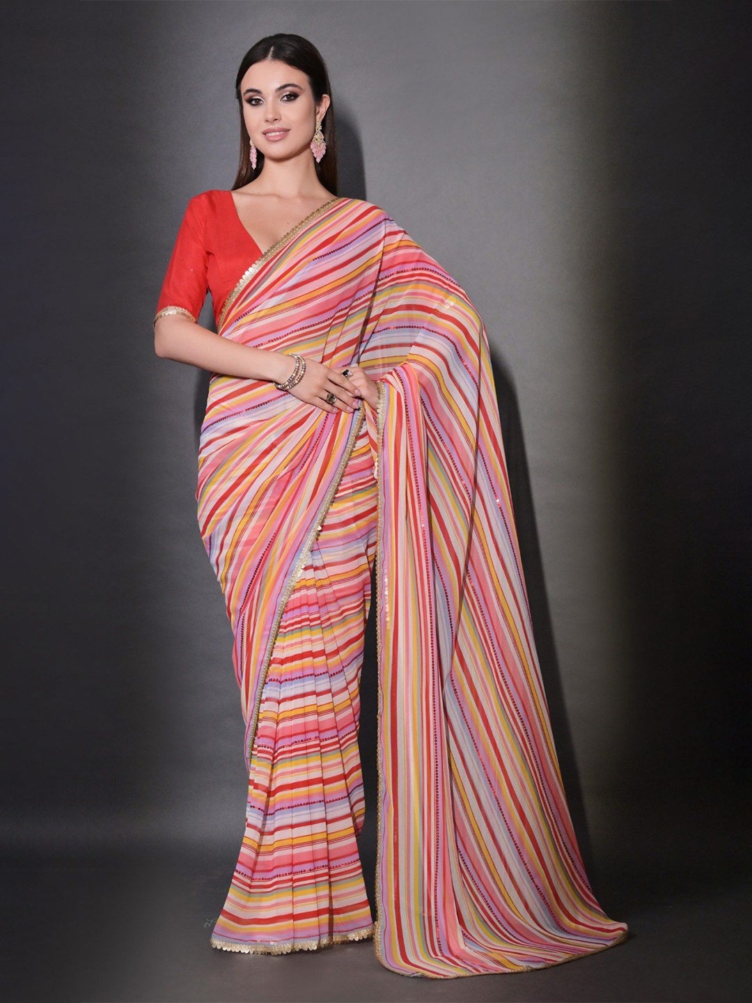 

MySilkLove Embellished Striped Pure Georgette Saree, Peach