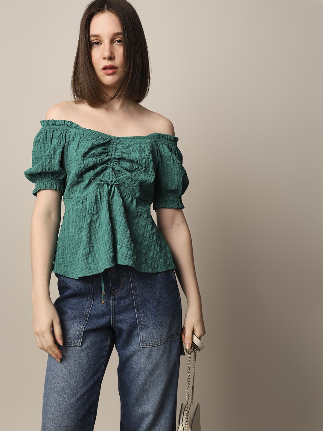 

ONLY Checked Off-Shoulder Puff Sleeve Bardot Top, Green