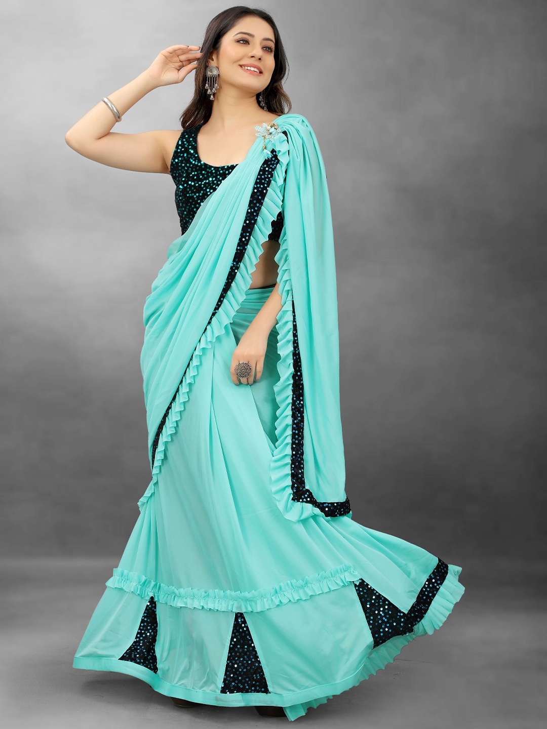 

LADY SHOPI Sequinned Ruffled Saree With Blouse Piece, Turquoise blue