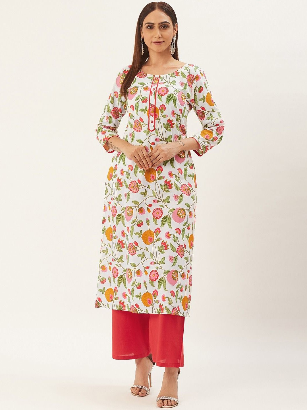 

Anouk Women Floral Printed Regular Pure Cotton Kurta with Palazzos, White