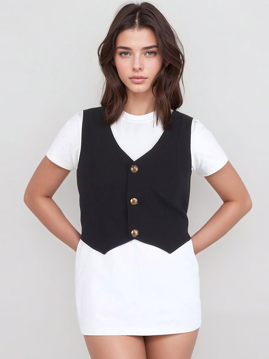 

Bunny Corset Women V-Neck Woven Waistcoat, Black