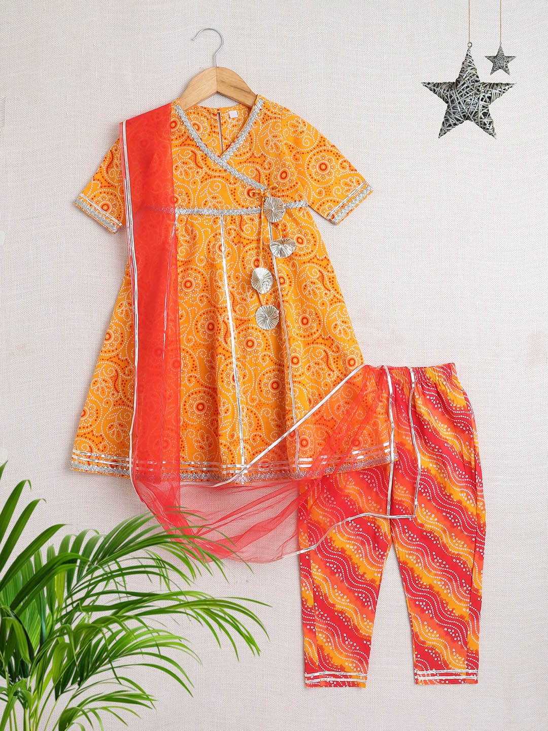 

The Magic Wand Girls Bandhani Printed Angrakha Gotta Patti Pure Cotton Kurta with Pyjamas & With Dupatta, Yellow