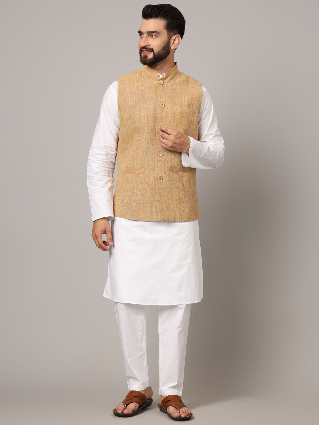 

Latest Chikan Garments Woven Design Nehru Jackets, Beige