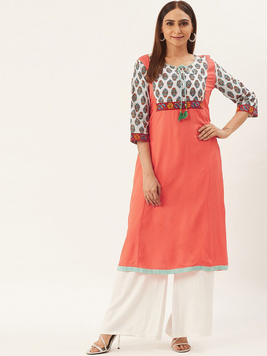 

Anouk Women Floral Yoke Design Panelled Kurta with Palazzos, Peach
