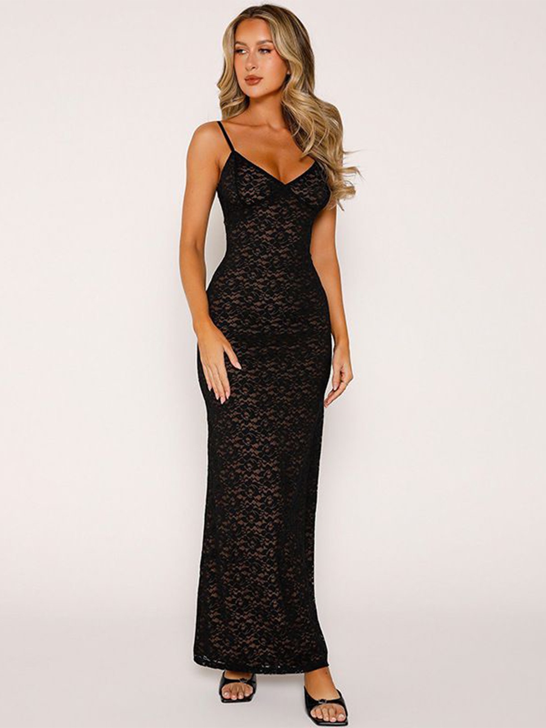 

MIAKEE Self Design Shoulder Straps Bodycon Maxi Dress, Black