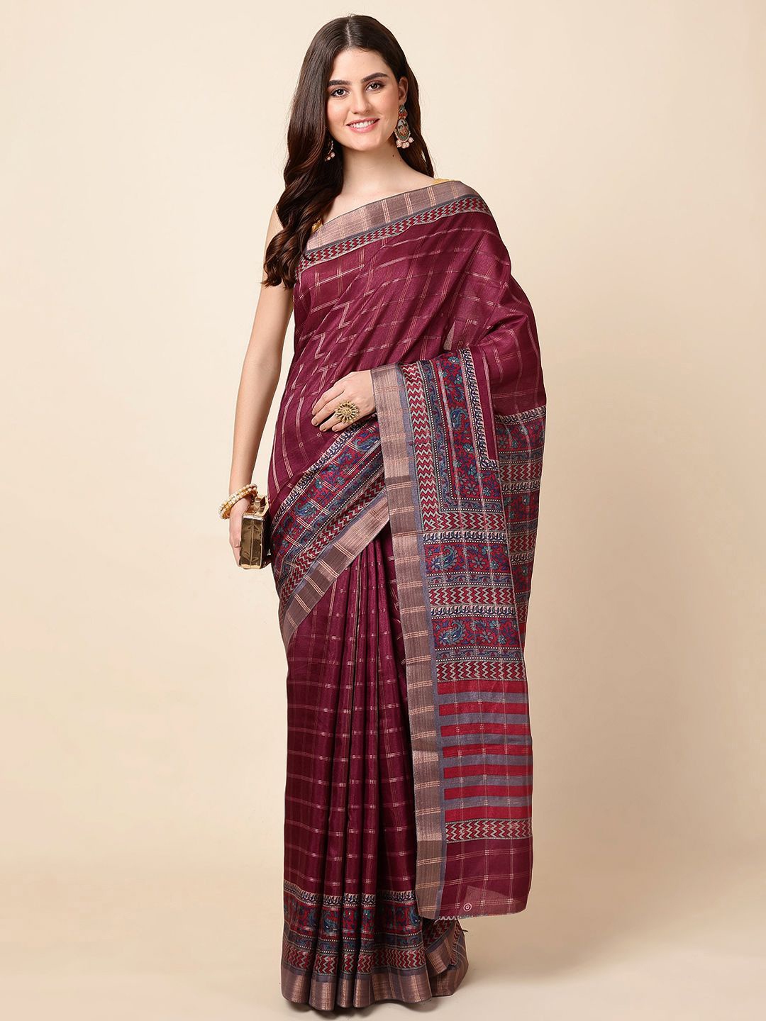 

Meena Bazaar Ethnic Motifs Tussar Saree, Magenta