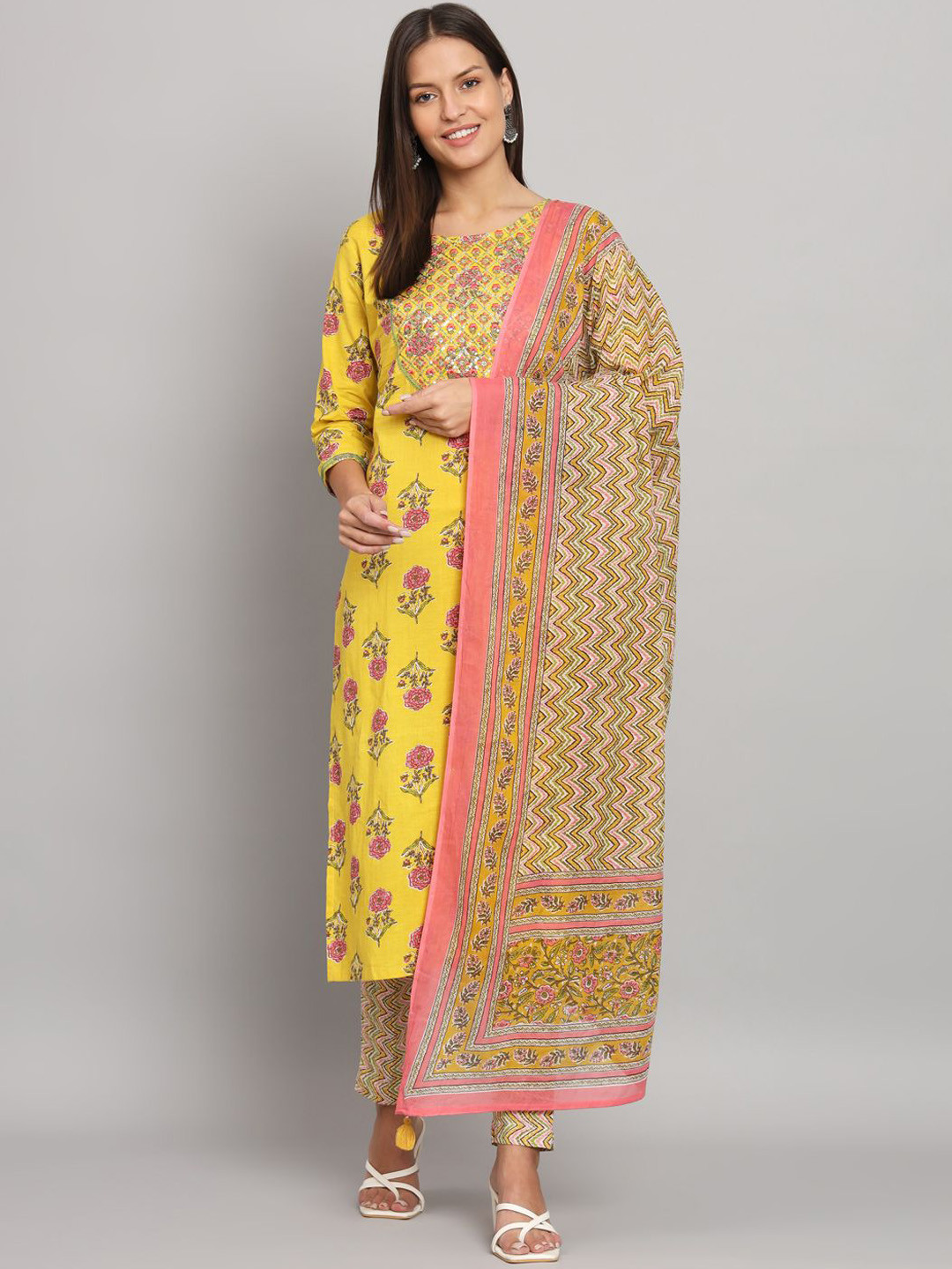 

Anouk Women Floral Embroidered Regular Pure Cotton Kurta with Trousers & With Dupatta, Yellow