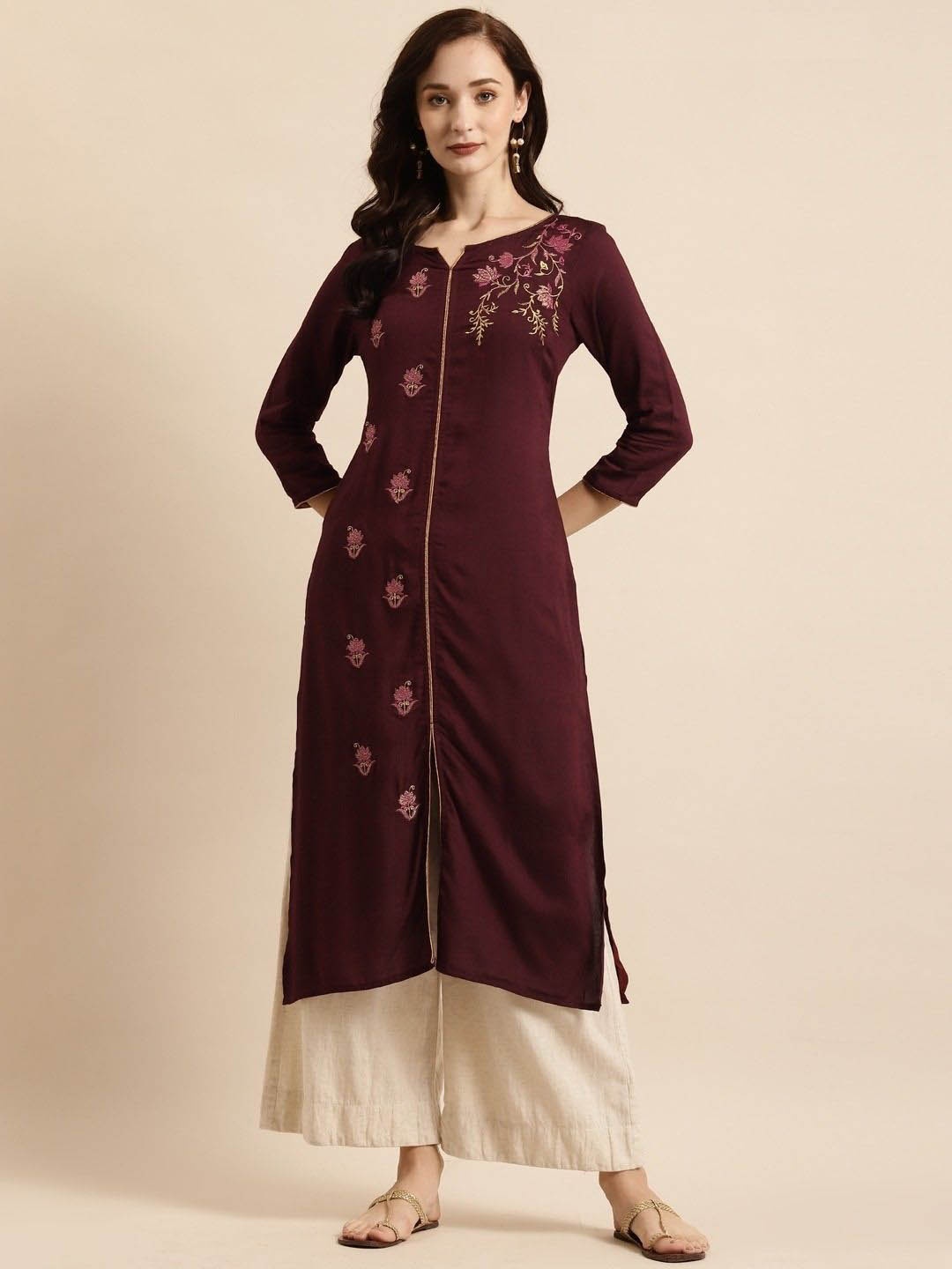 

Anouk Women Embroidered Thread Work Liva Kurta, Maroon
