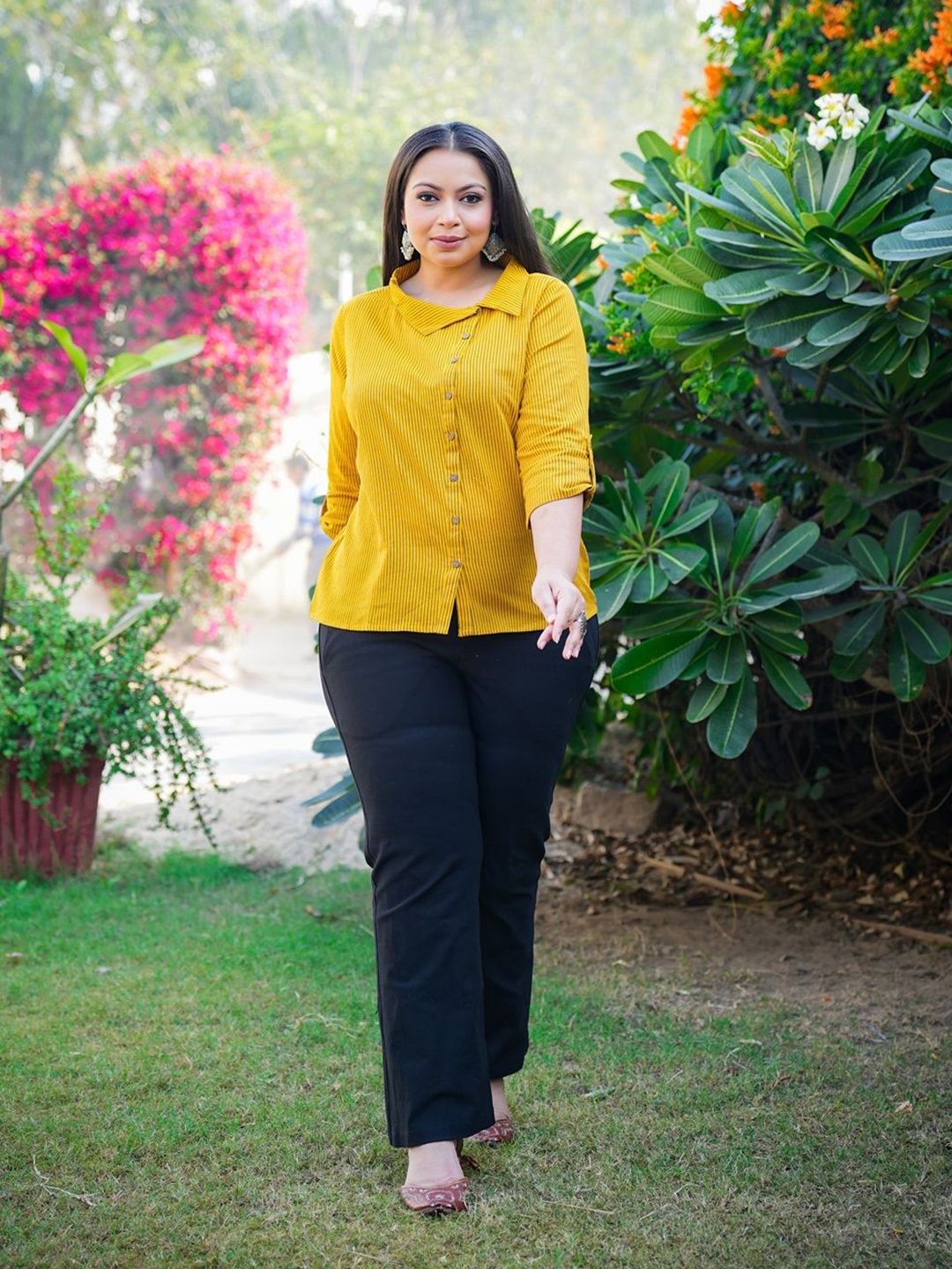 

KALINI Striped Shirt Style Top, Mustard
