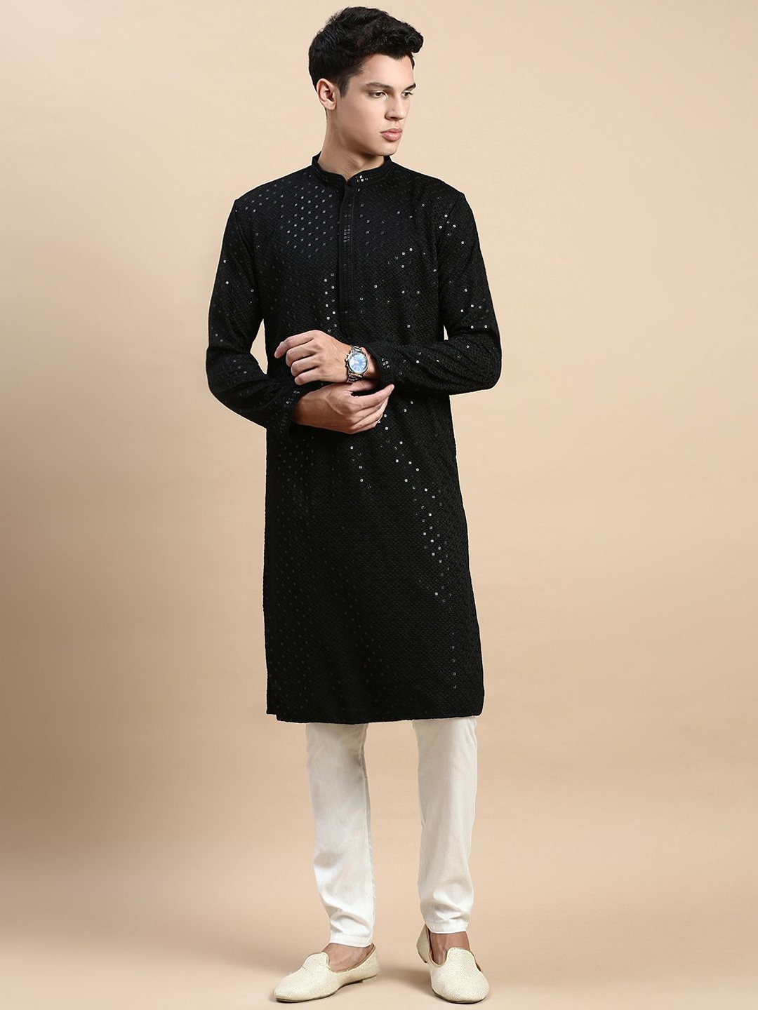 

Rishika Men Ethnic Motifs Embroidered Regular Sequinned Pure Cotton Kurta with Pyjamas, Black