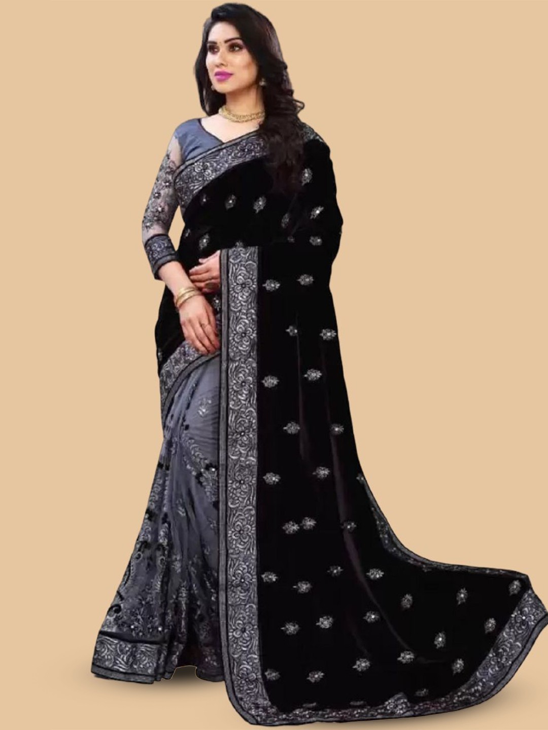 

LADY SHOPI Silk Blend Embellished Embroidered Festive Half and Half Saree, Black