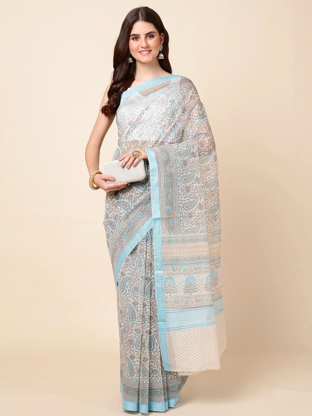 

Meena Bazaar Paisley Printed Cotton Saree With Blouse Piece, Blue