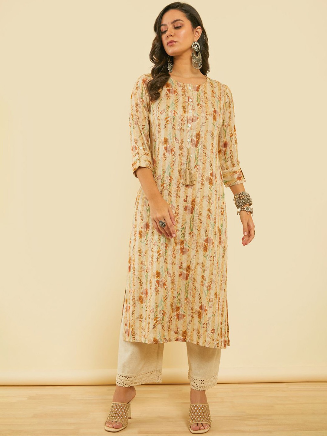 

Soch Women Round Neck Floral Printed Kurta, Beige