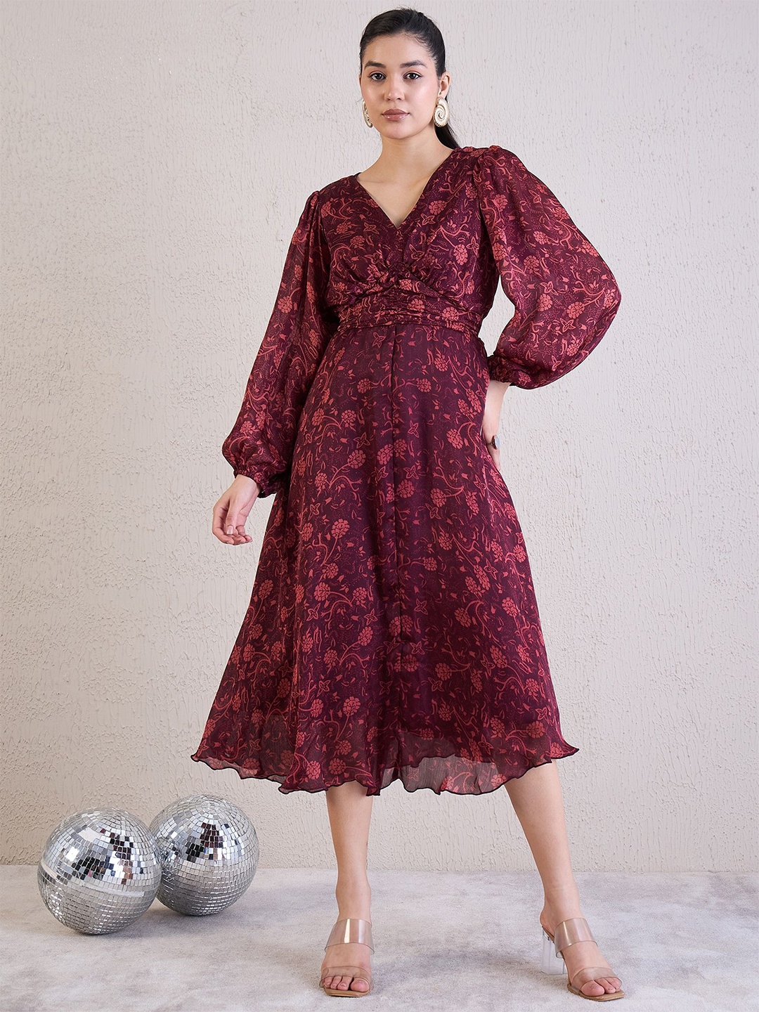 

Antheaa Floral Print Puff Sleeve Satin Midi Dress, Red