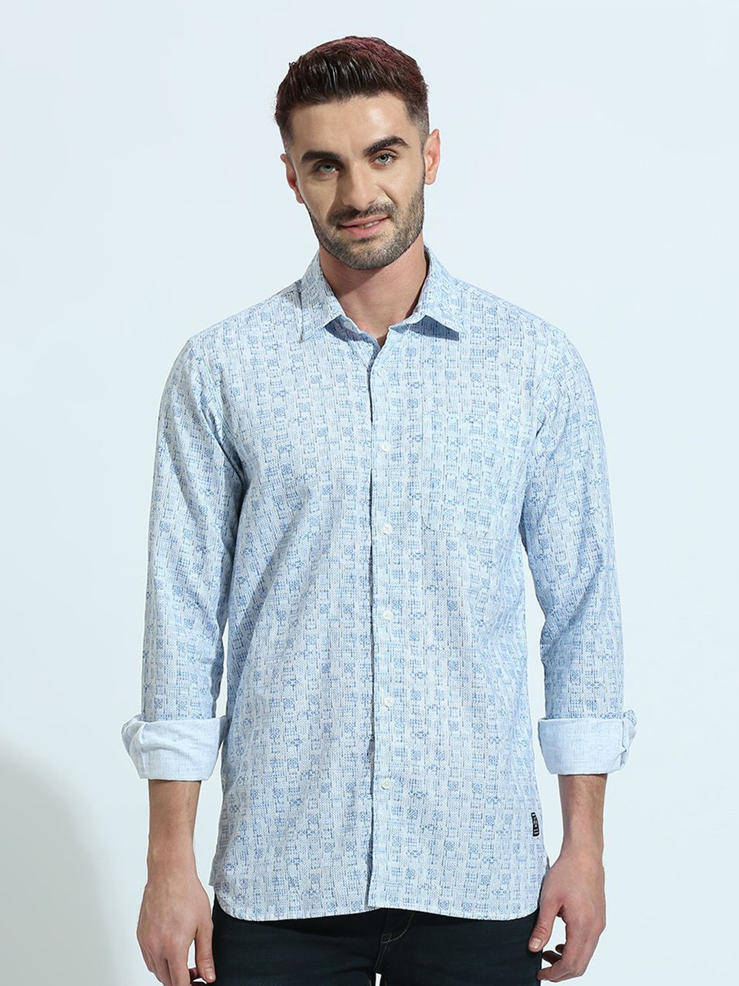 

Klub Fox Men Spread Collar Micro Ditsy Printed Cotton Slim Fit Casual Shirt, Blue