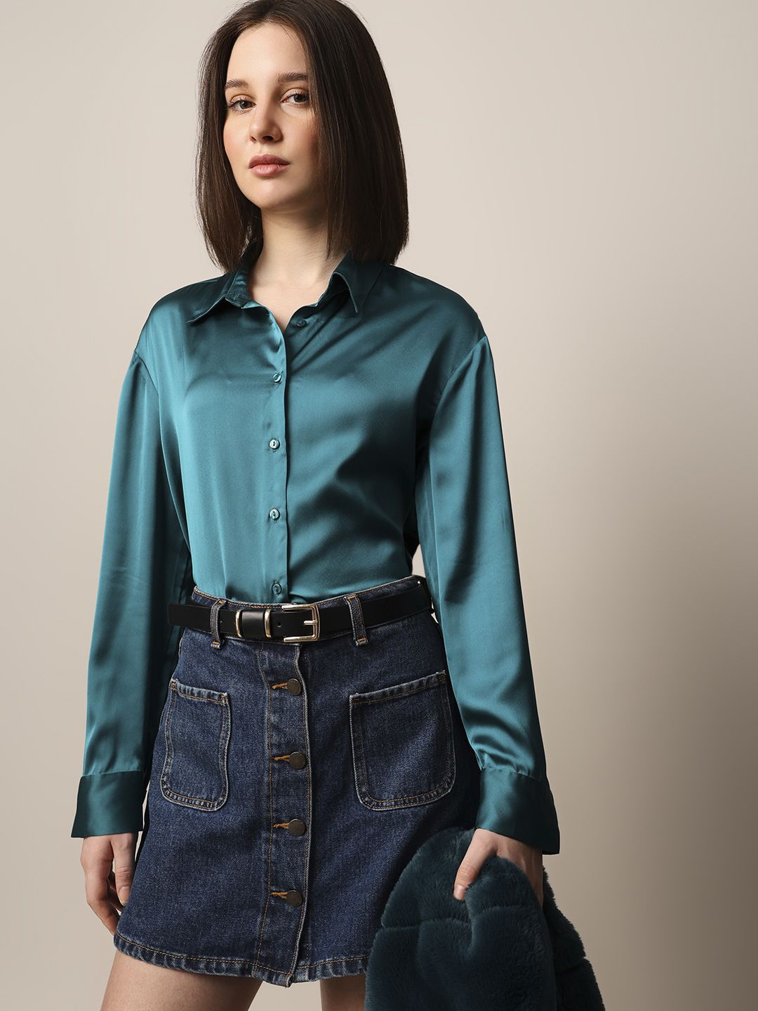 

ONLY Women Solid Spread Collar Party Shirt, Teal