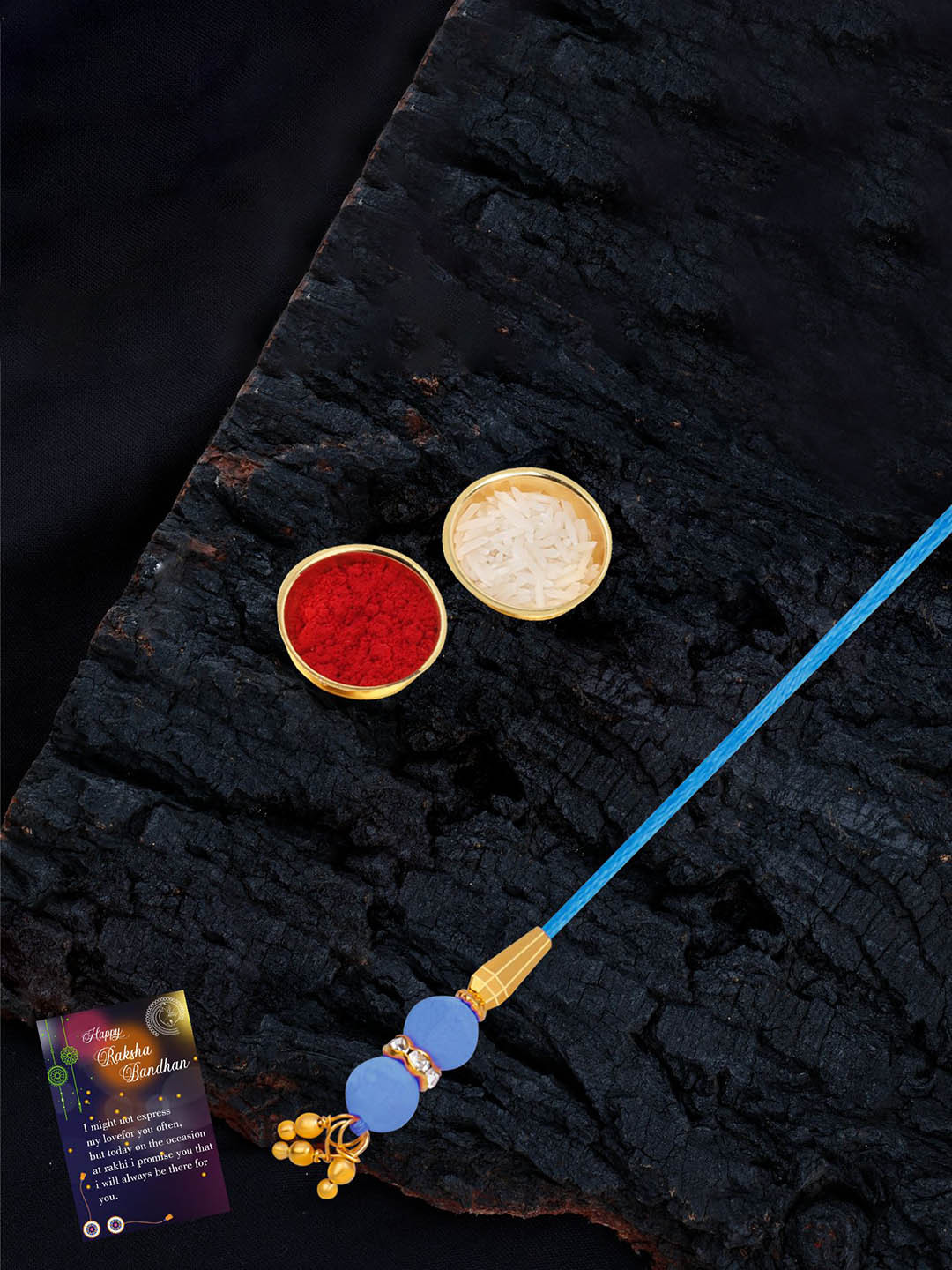 

Silver Shine Set Of 2 Rakhi With Roli Chawal Greeting Card & Pooja Thali, Multi