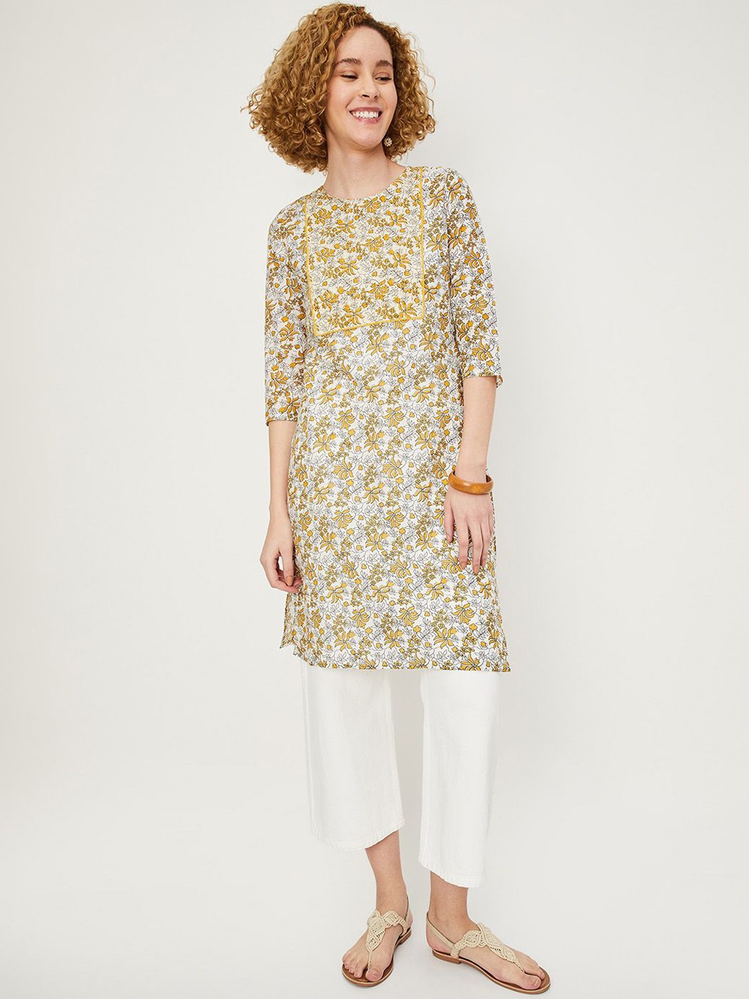

max Women Floral Printed Flared Sleeves Thread Work Kurta, Off white
