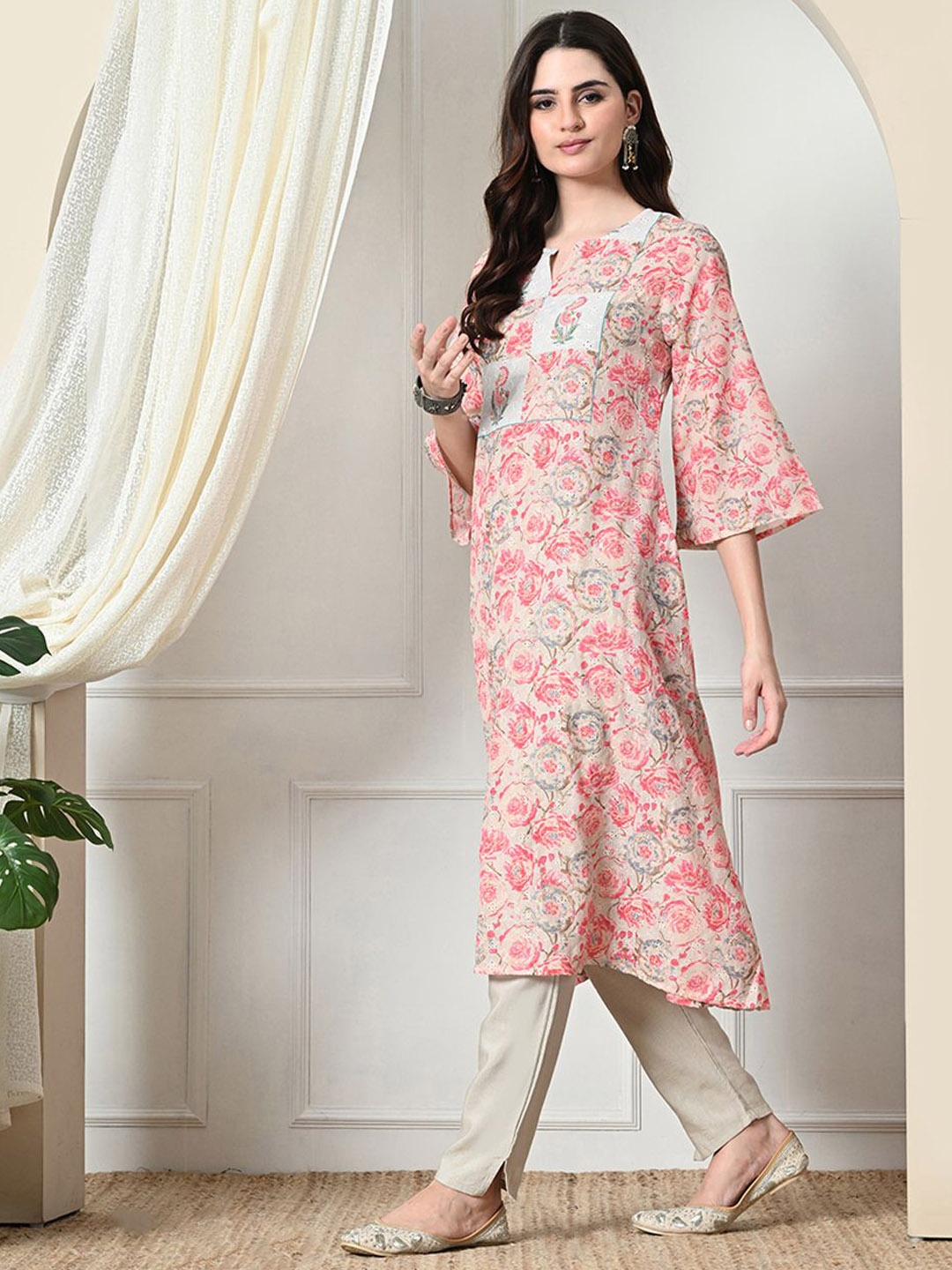 

Sangria Printed Cotton A-Line Kurtas, Peach