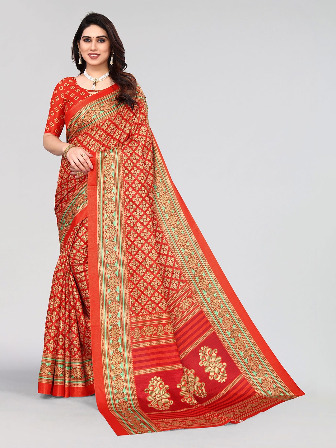 

VIRICA Ethnic Motifs Pure Cotton Khadi Saree, Red