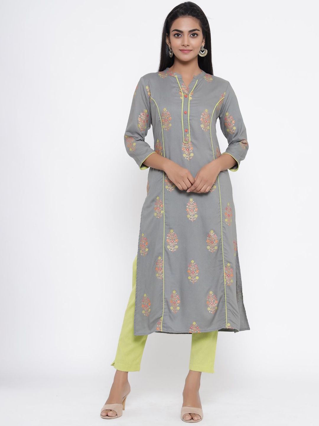 

Anouk Women Floral Printed Regular Pure Cotton Kurta with Trousers, Grey