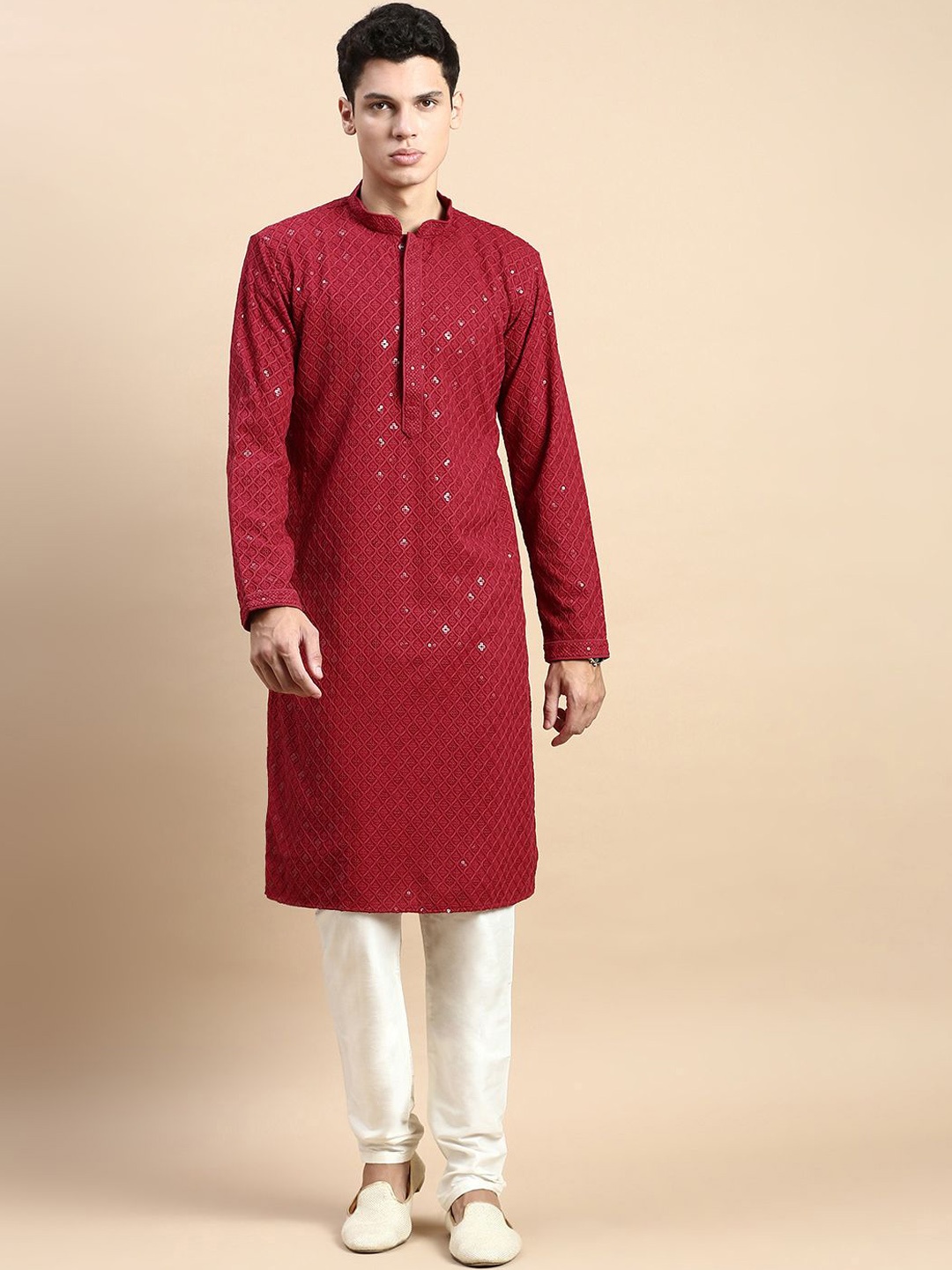 

Rishika Men Embroidered Regular Sequinned Pure Cotton Kurta with Pyjamas, Maroon