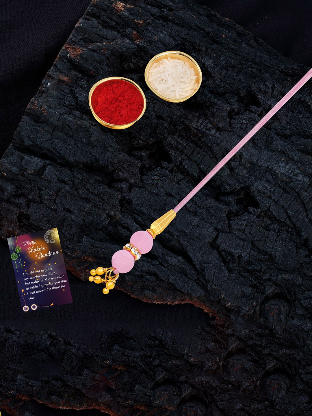 

Silver Shine Set Of 2 Rakhi With Roli Chawal Greeting Card & Pooja Thali, Multi