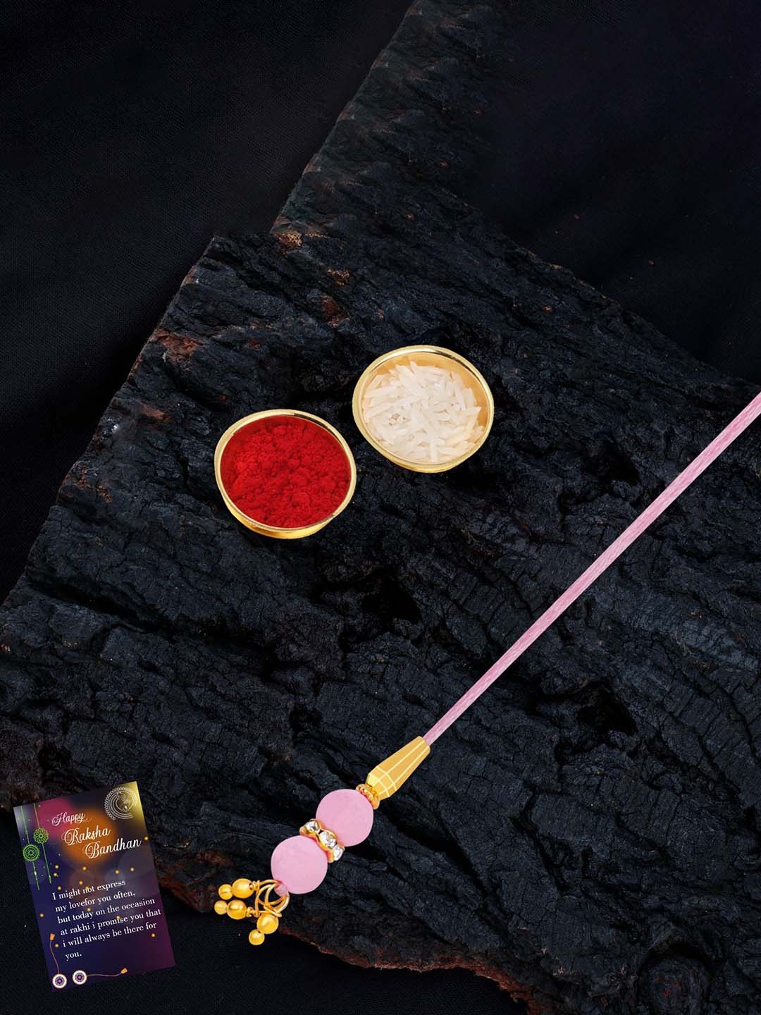 

Silver Shine Set Of 2 Rakhi With Roli Chawal Greeting Card & Pooja Thali, Multi