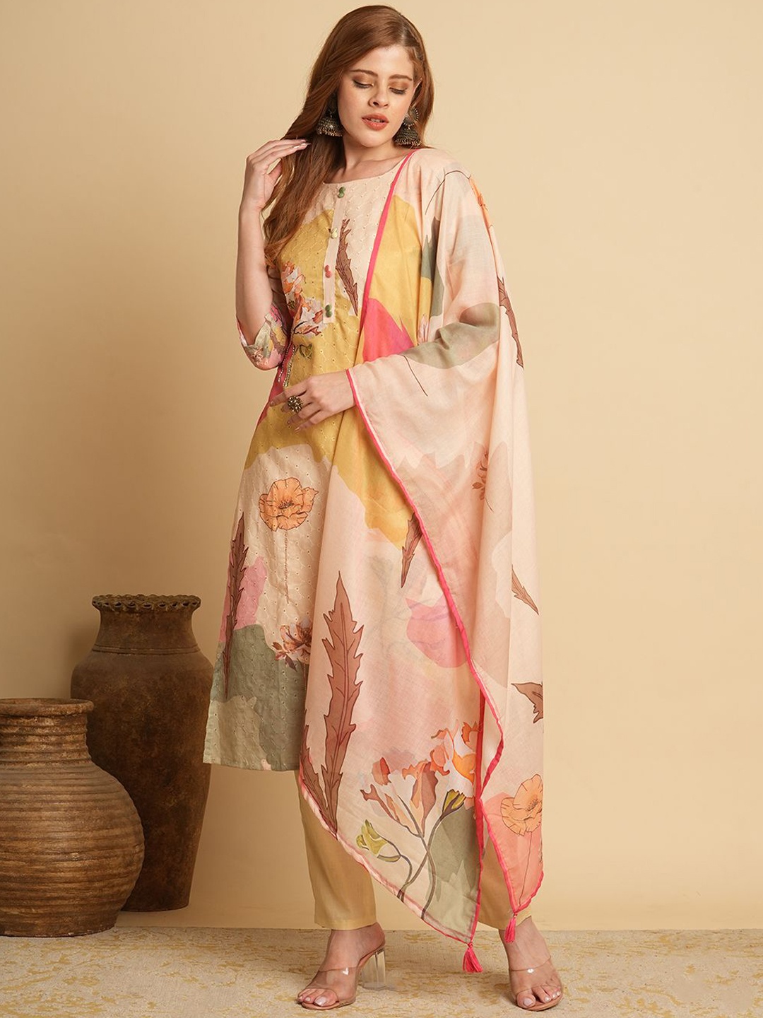 

FASHOR Women Floral Printed Regular Beads and Stones Pure Cotton Kurta with Trousers & With Dupatta, Beige