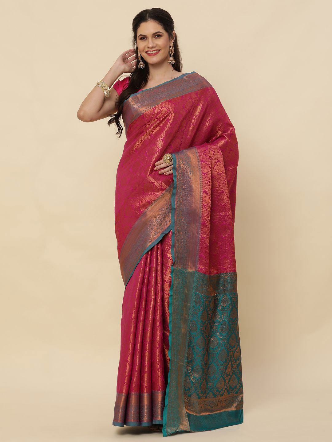 

High Five Tex Ethnic Motifs Zari Woven Pure Silk Kanjeevaram Saree, Pink