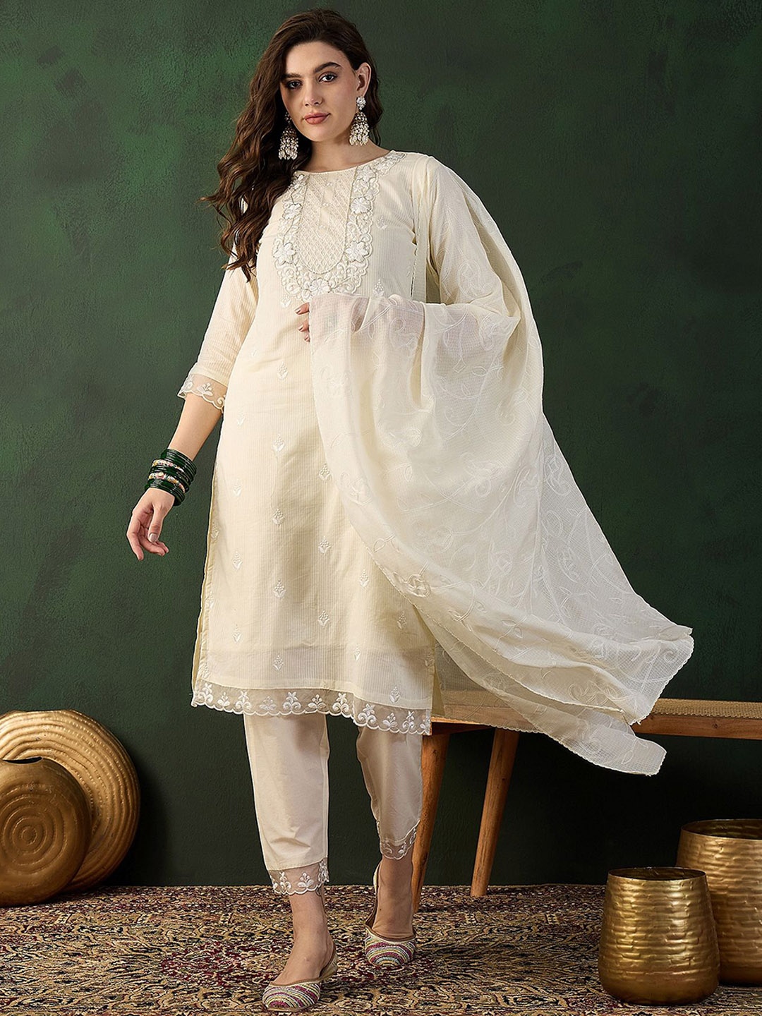 

all about you Floral Embroidered Lucknowi Work Pure Cotton Kurta With Trousers & Dupatta, Cream