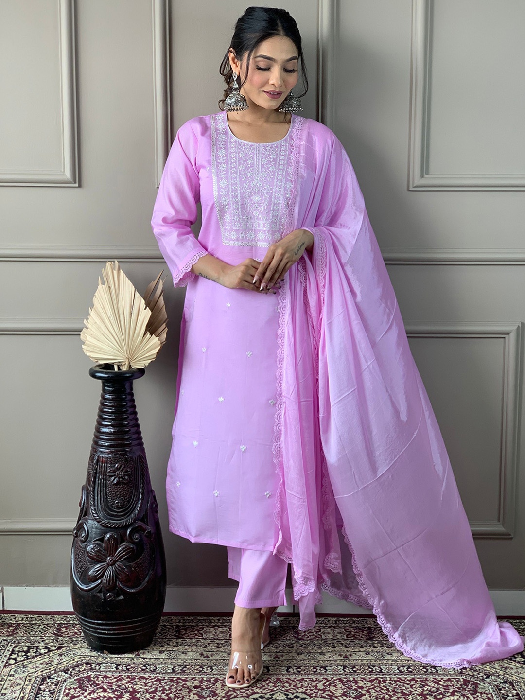 

Storebrite Floral Regular Chanderi Silk Straight Kurta with Trousers & With Dupatta, Lavender