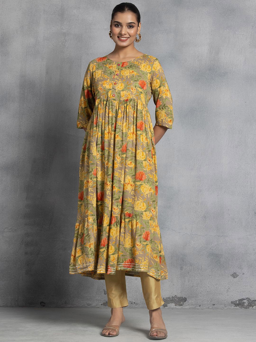 

Rang by Indya Floral Printed Sequins Anarkali Kurta, Yellow