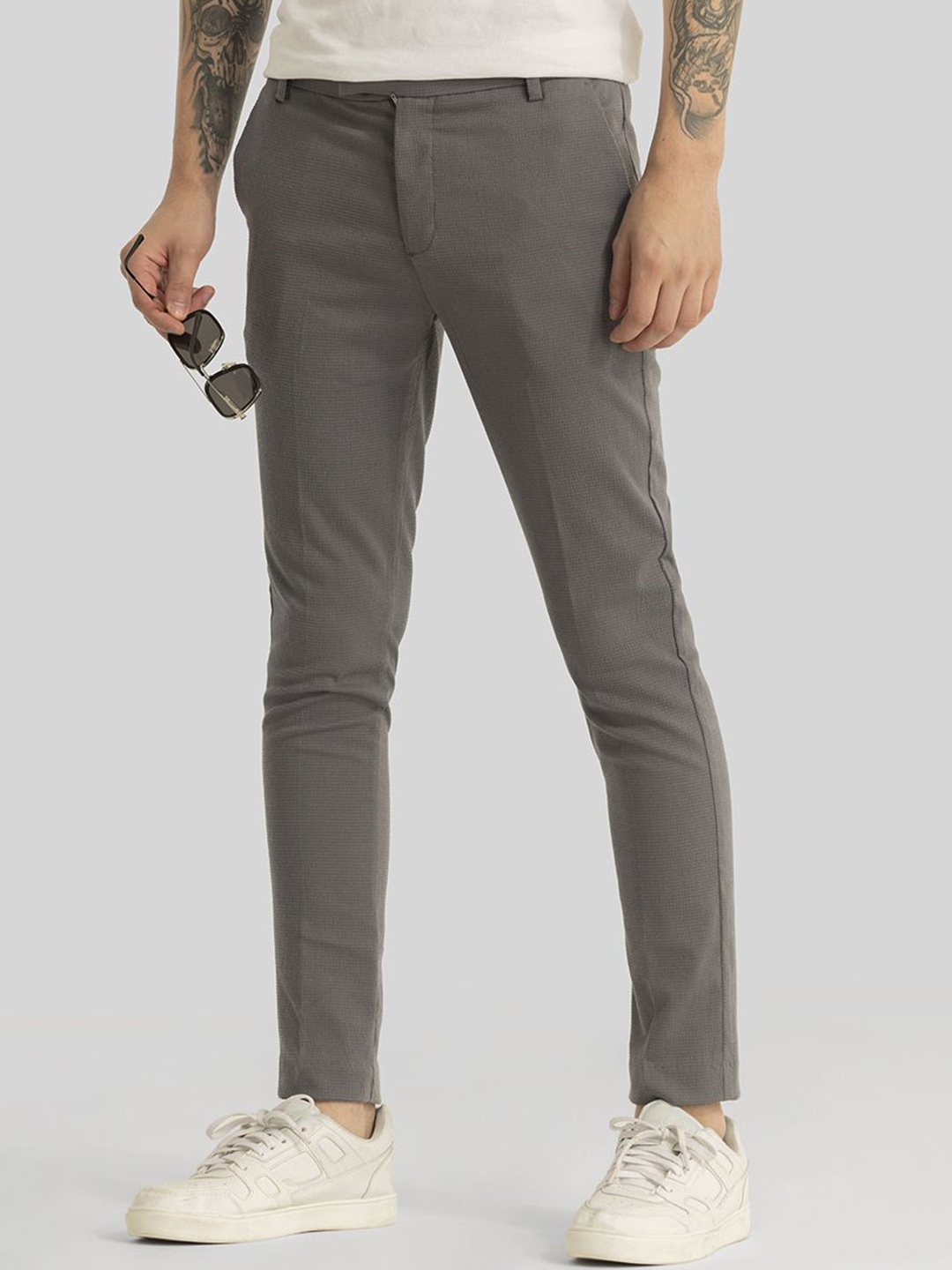 

Snitch Men Smart Slim Fit Chinos Trousers, Grey