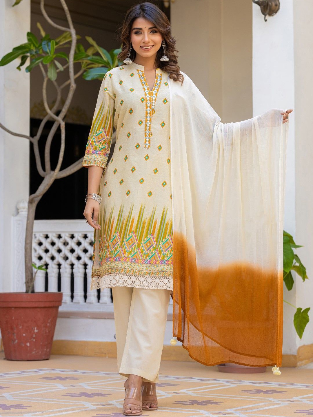 

AUTUMN LANE Women Ethnic Motifs Printed Regular Mirror Work Pure Cotton Kurta with Patiala & With Dupatta, Yellow