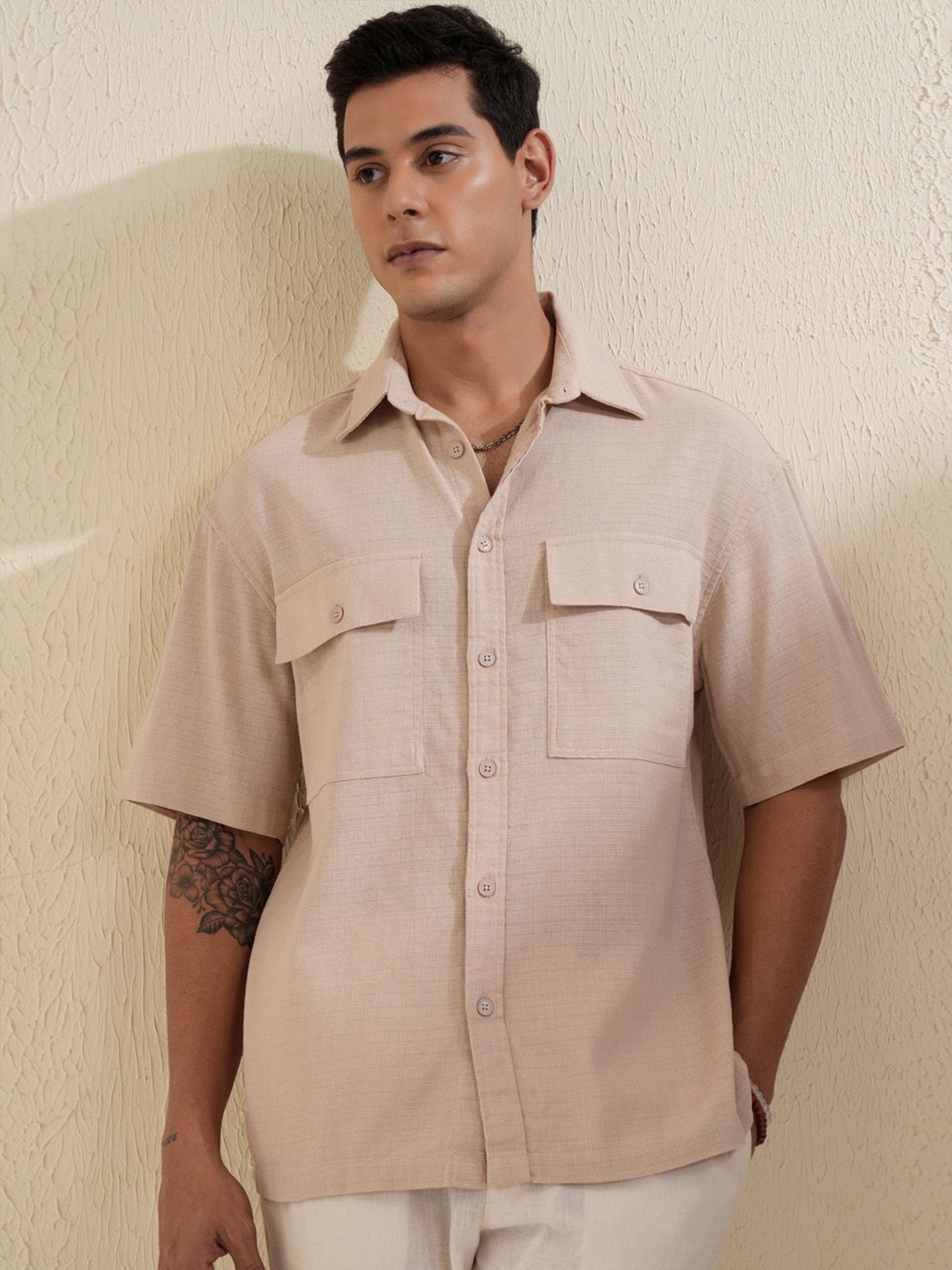 

LOCOMOTIVE Men Premium Solid Casual Oversized Shirt, Beige